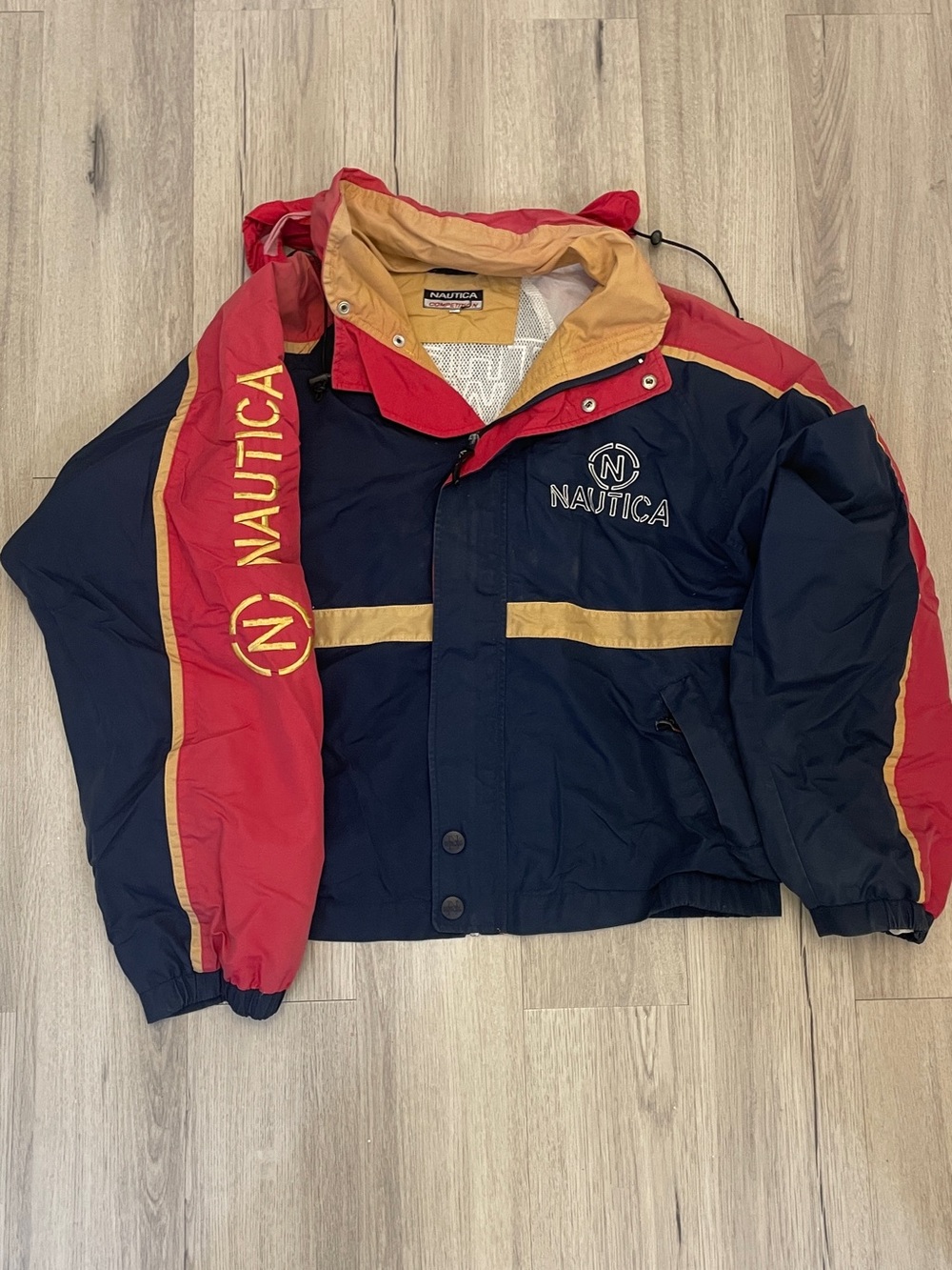 Nautica Men’s Navy Red Gold Hooded Colorblock Windbreaker